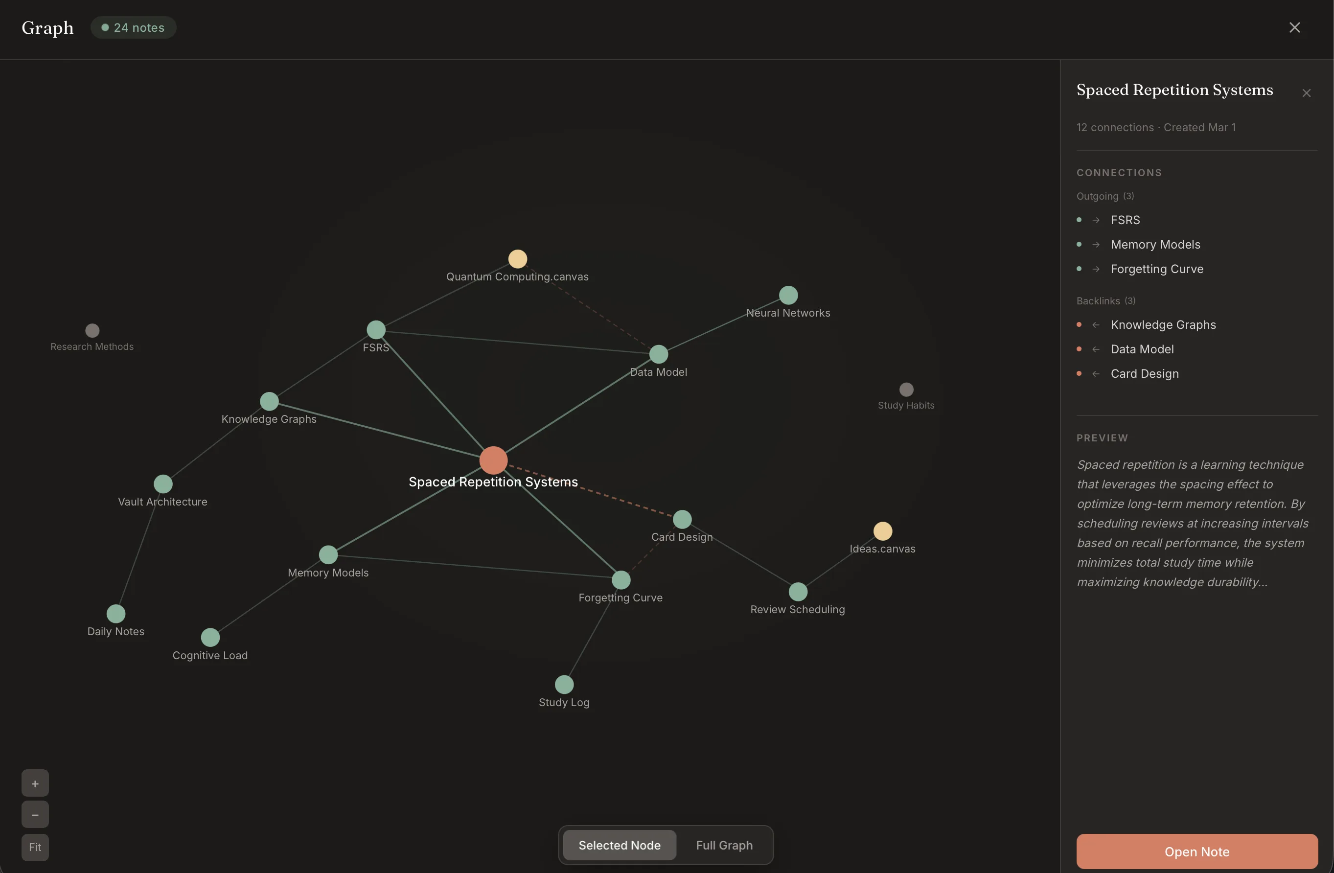Opal knowledge graph view with Spaced Repetition Systems at the center connected to related notes like FSRS, Memory Models, and Forgetting Curve.
