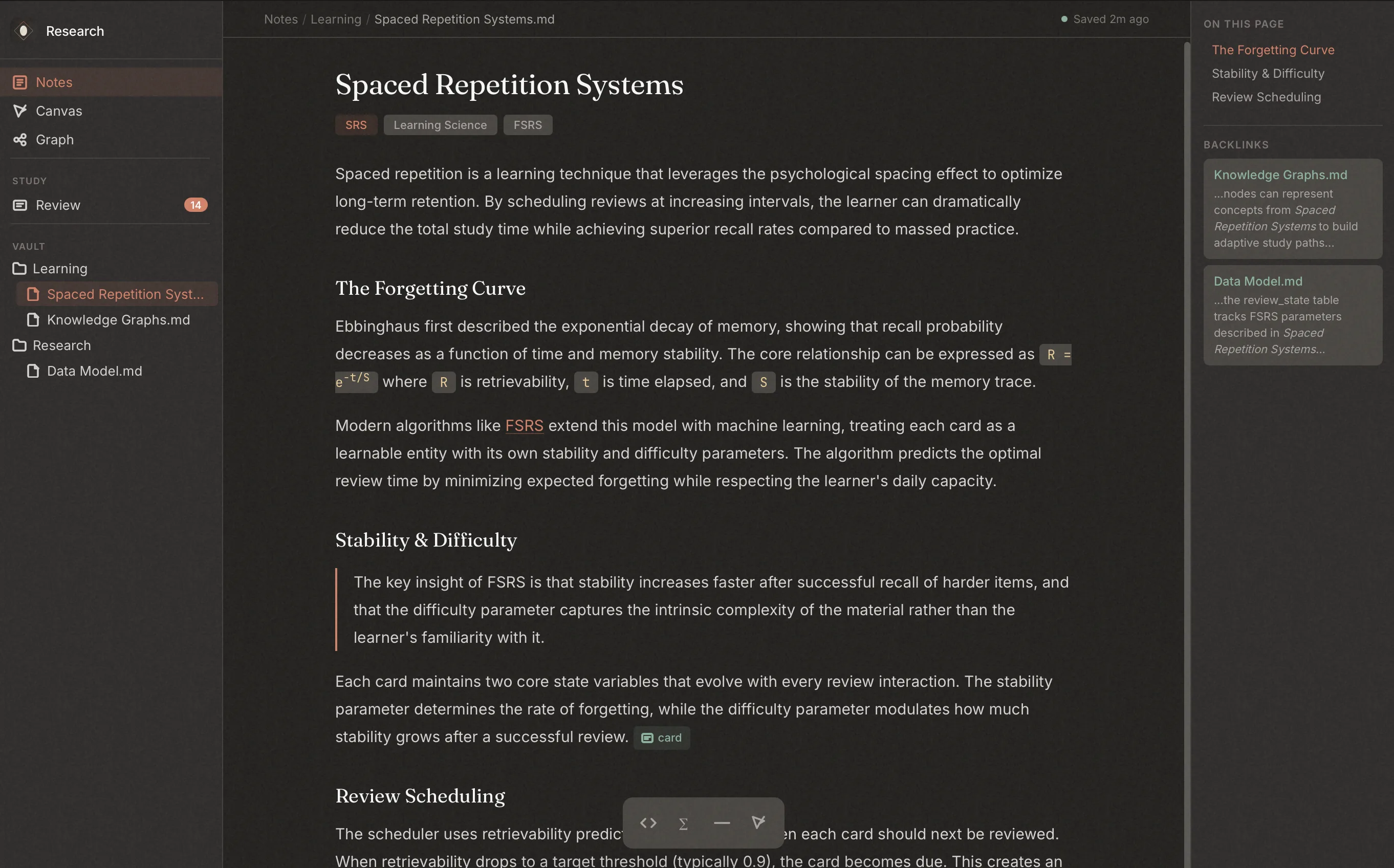 Opal showing a markdown note titled Spaced Repetition Systems with sidebar navigation, tags, and outline panel.